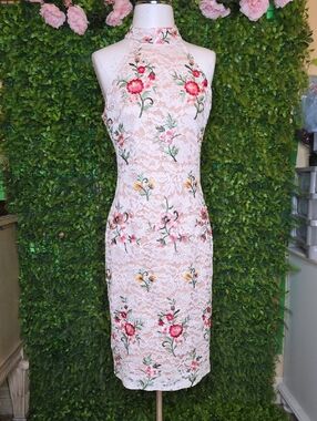 Badgley Mischka Blush Lace Midi Dress with Floral Embroidery